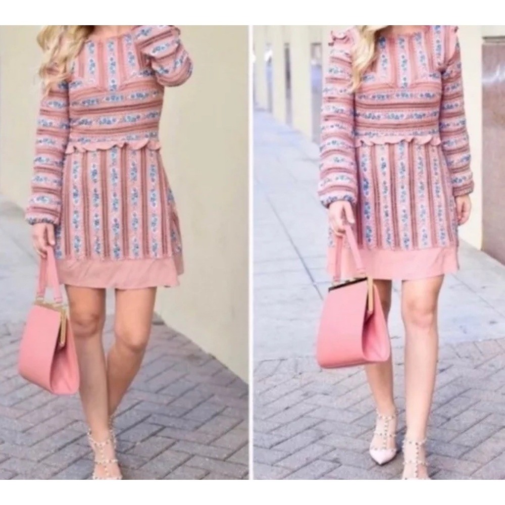 For Love & Lemons Pink Persephone Floral Longsleeve Embroidered Dress XSP $405 - Picture 3 of 9